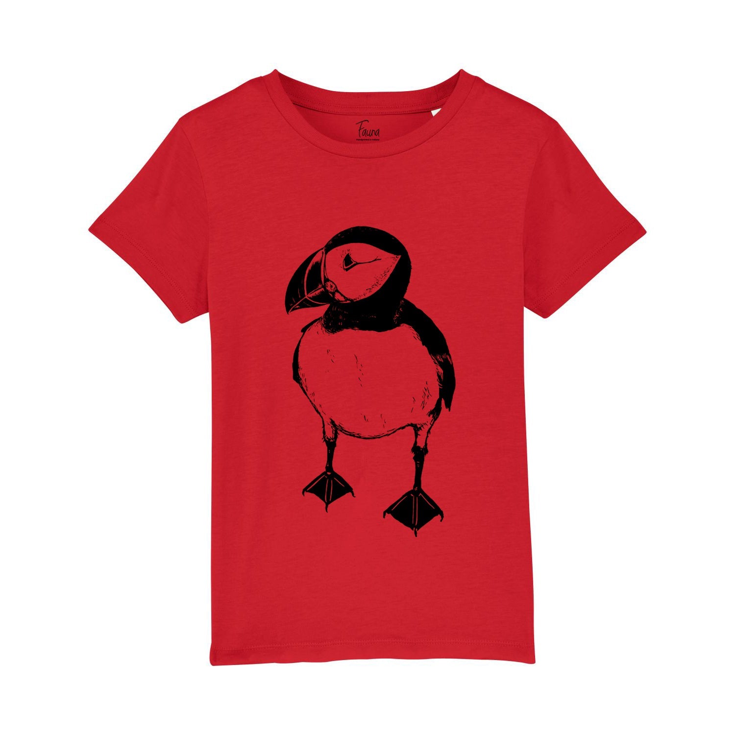 Fauna Kids T-Shirt, Puffin Print in on Red