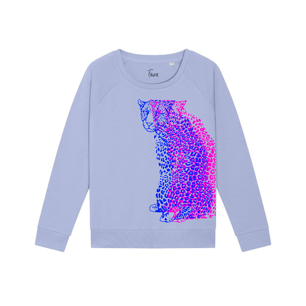 A blue wide neck sweatshirt with a graphic of a leopard in pink and purple on the front. by fauna.ie