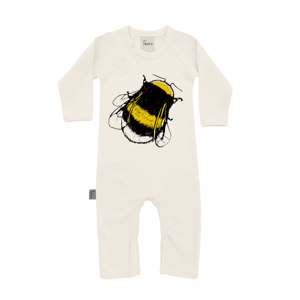 A cream organic cotton babygrow with a hand-printed bumble bee design on the front, by fauna.ie