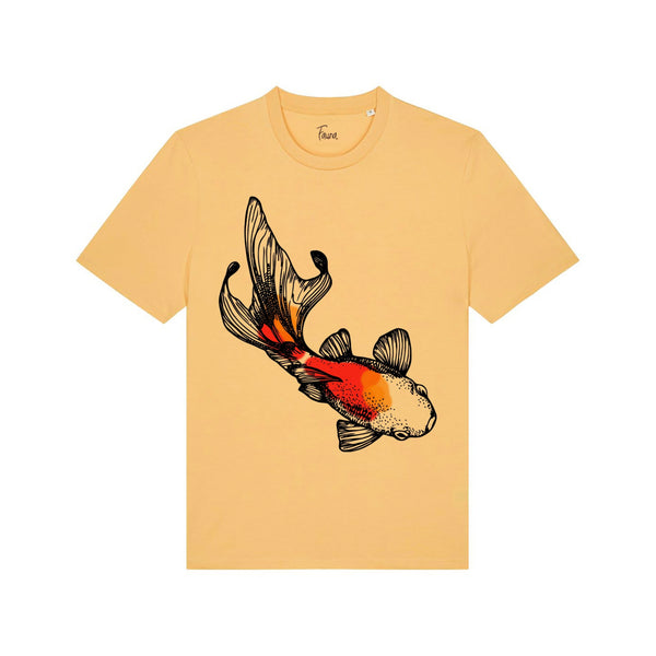 A mango coloured organic cotton women's t-shirt with a hand-painted 'Koi Fish' print by fauna.ie