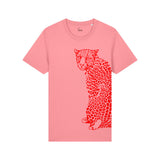 A pink unisex crew neck t-shirt with a handprinted red leopard design on the front by fauna.ie