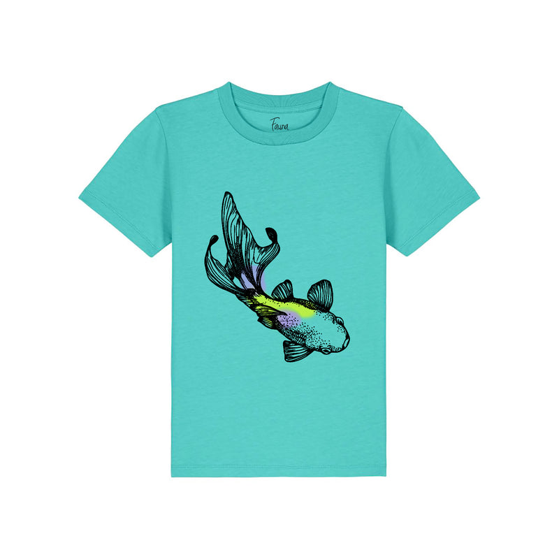 A turquoise kids T-shirt with a hand screenprinted koi fish design on the front, featuring neon yellow and purple details, by fauna.ie