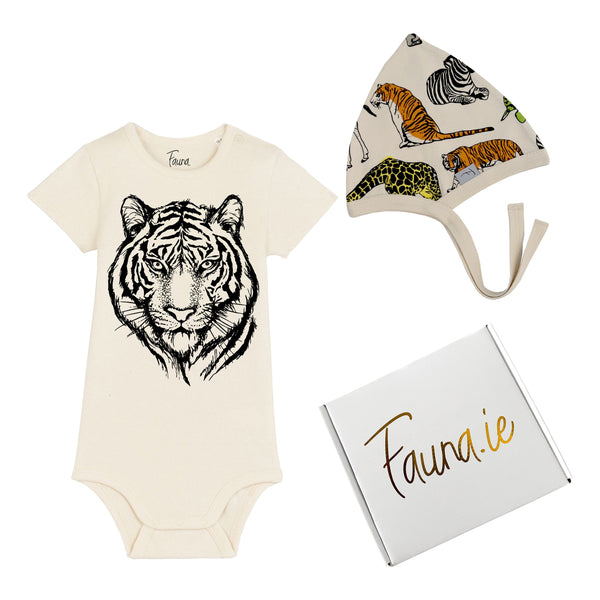 Coffret Bébé, Deux Pièces en Coton Bio Imprimé Tigre - Naturel