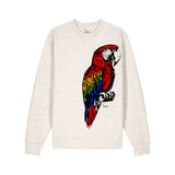 Beige sweatshirt with a colorful parrot design on a white background by fauna.ie