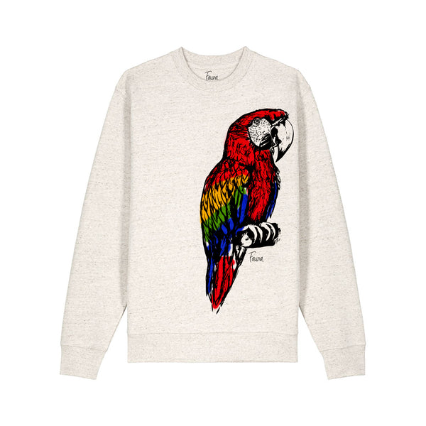 Beige sweatshirt with a colorful parrot design on a white background by fauna.ie