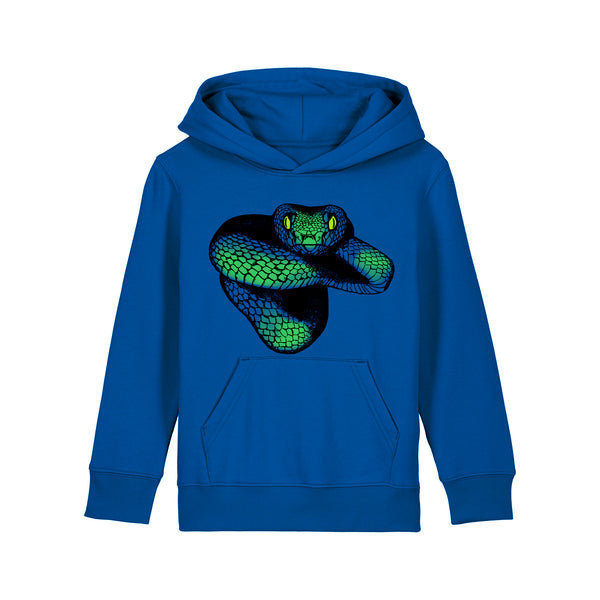 Blue hoodie with a green and black snake design on a white background by fauna.ie