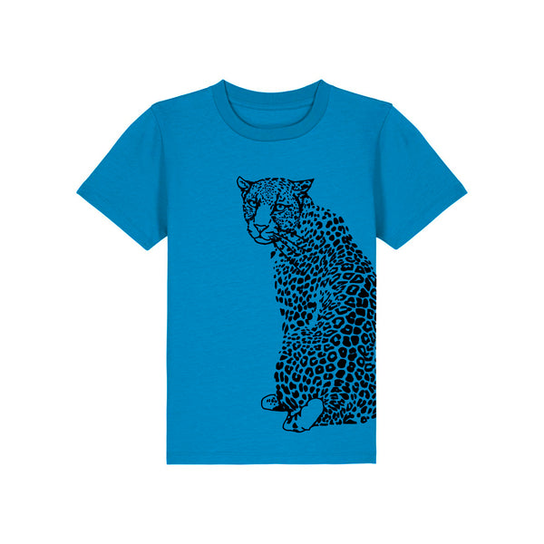 Blue t-shirt with a black leopard graphic on a white background by fauna.ie