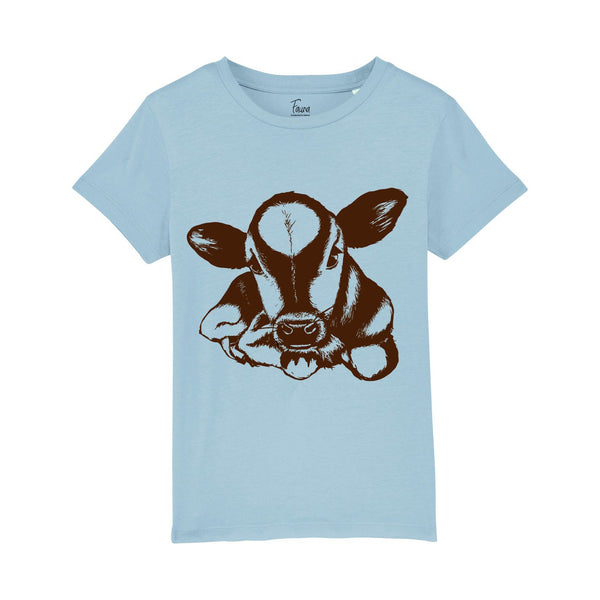 Fauna Kids T-Shirt, Cow on Sky Blue Fauna Kids