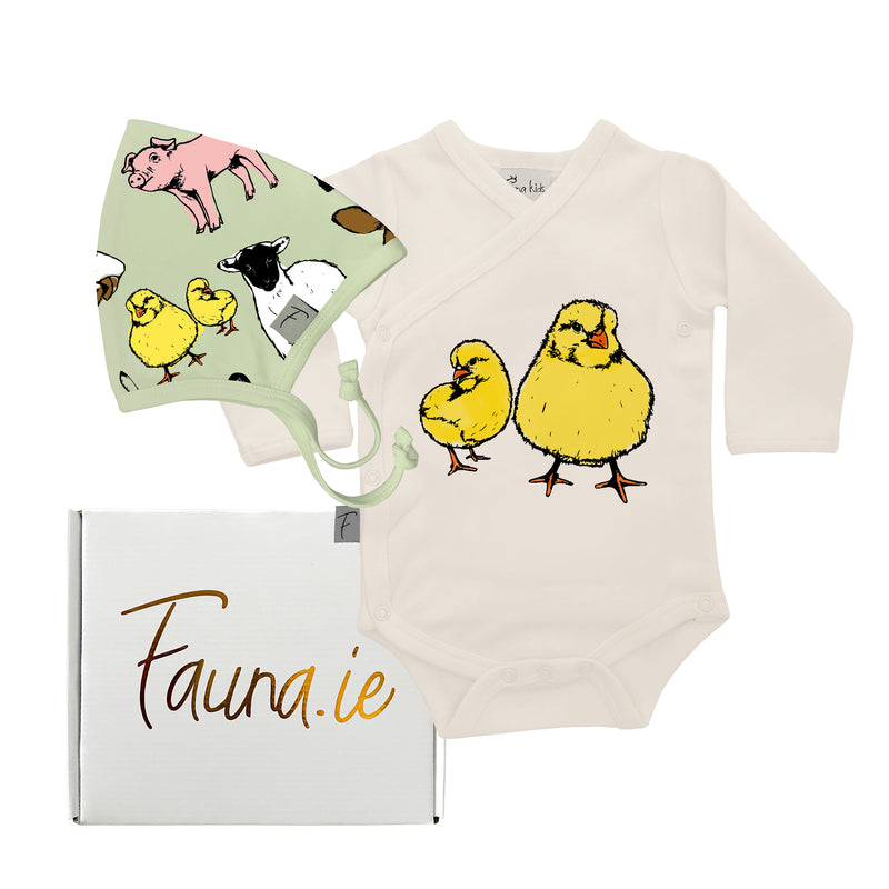 Baby Gift Box | Organic Cotton Two Piece with Chickens Onesie fauna.ie