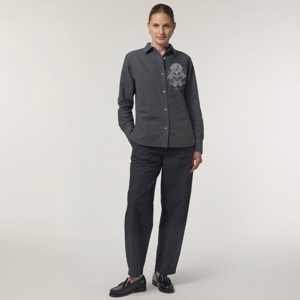 Women's Oxford Shirt | Charcoal with Silver Print