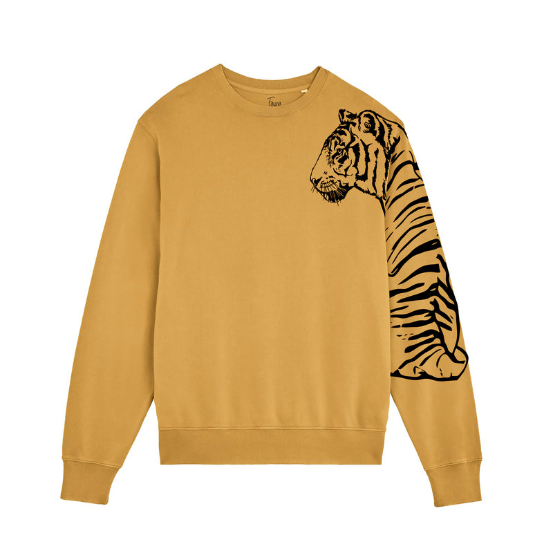 Mustard yellow sweatshirt with a tiger design on the sleeve against a white background. by fauna.ie