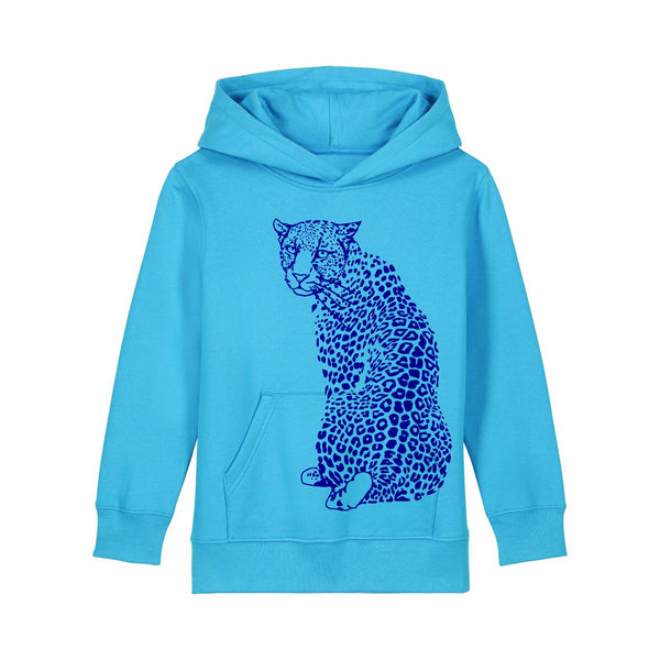 Sweat à capuche en coton biologique pour enfants | Léopard bleu sur aqua 