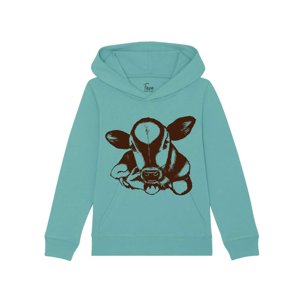 Kids Organic Cotton Hoodie | Cow on teal Fauna Kids