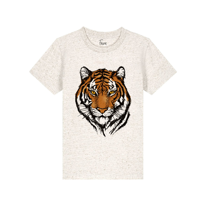 Kids oatmeal-colored T-shirt with a hand-painted tiger design in the centre. by fauna.ie