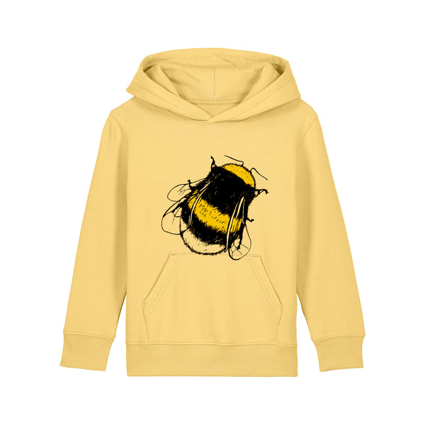 Kids yellow hoodie with a bee design by fauna.ie