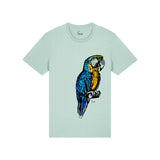Light blue t-shirt with a colorful parrot graphic by fauna.ie