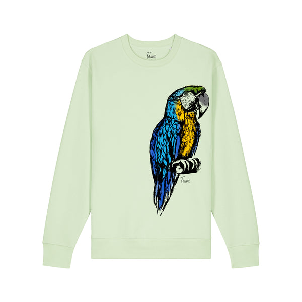 Light green sweatshirt with a colorful parrot design by fauna.ie