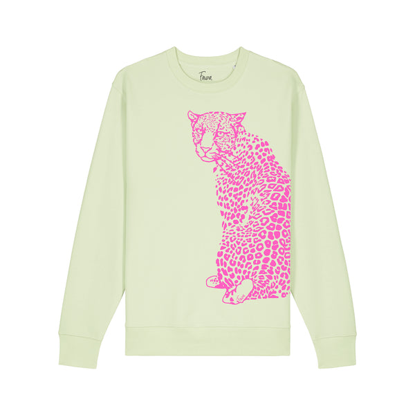 Light green sweatshirtwith a pink leopard graphic by fauna.ie