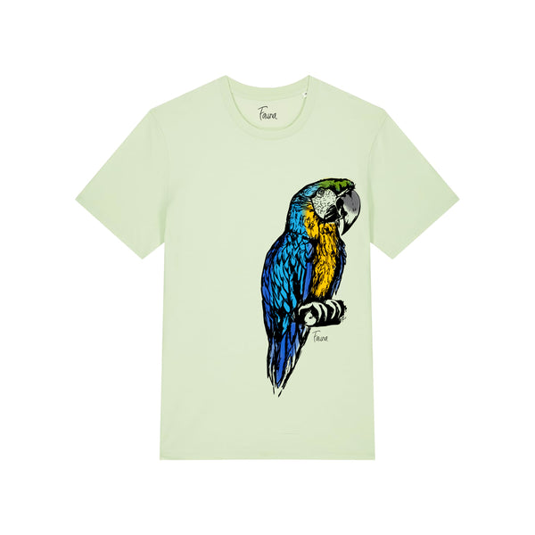 Light green t-shirt with a colorful parrot design by fauna.ie