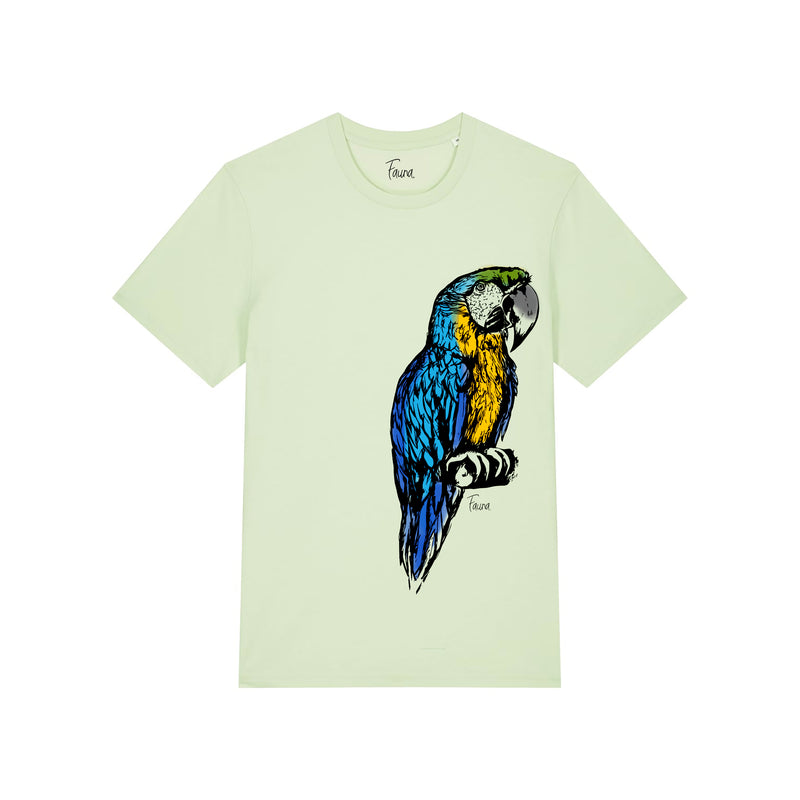 Light green t-shirt with a colorful parrot design by fauna.ie
