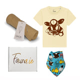 Collection of products from Fauna.ie including a t-shirt with a cow design, a bandana, and a box.