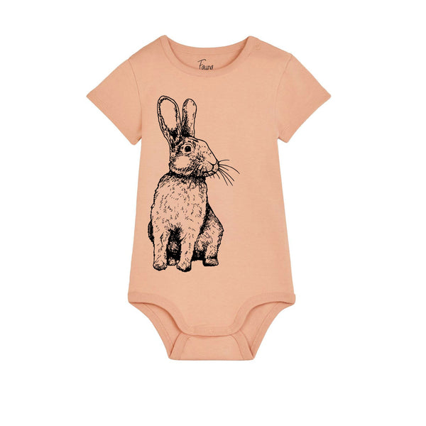 Organic Cotton Baby Bodysuit | Handprinted Rabbit on Peach - fauna kids