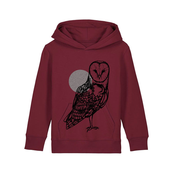 organic cotton kids hoodie in burgundy with hand printed owl & moon on front by fauna.ie