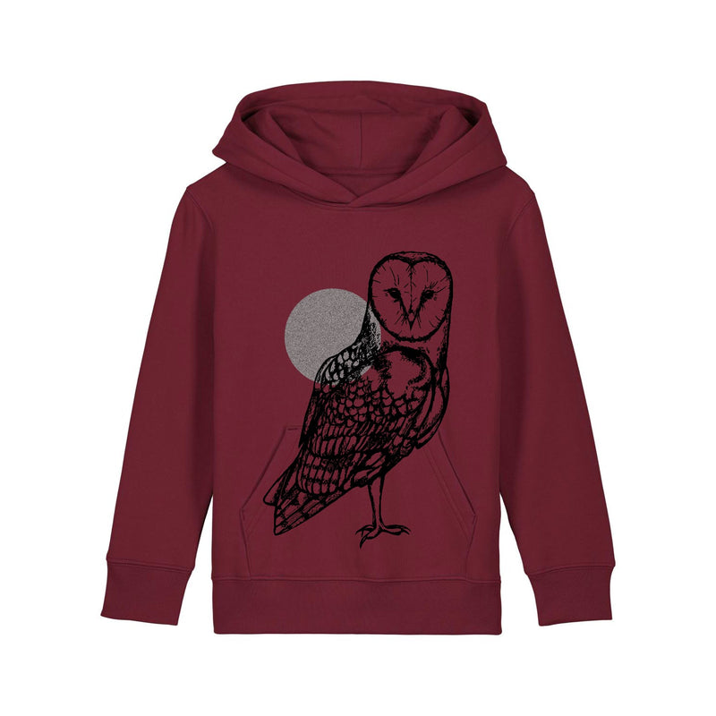 organic cotton kids hoodie in burgundy with hand printed owl & moon on front by fauna.ie