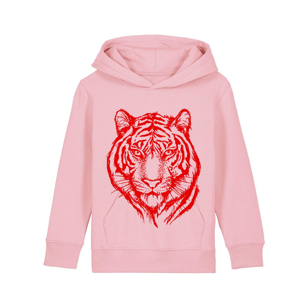 Organic Cotton Kids Hoodie | Red Tiger on Pink - Fauna Kids