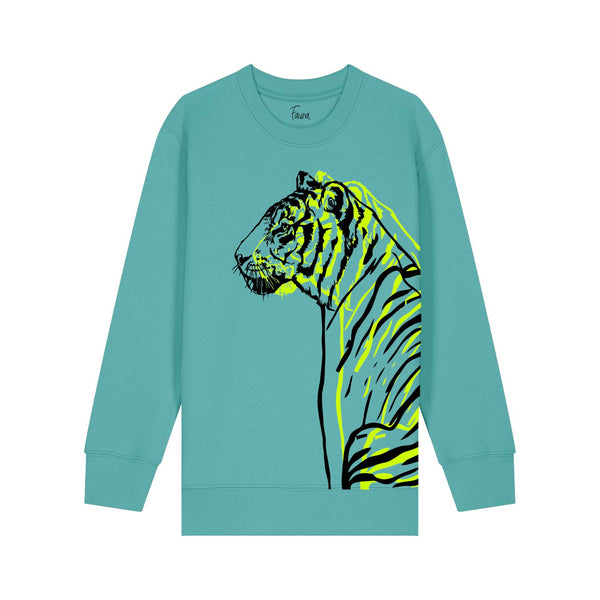 Organic Cotton Kids Sweatshirt | Double tiger on teal - Fauna Kids