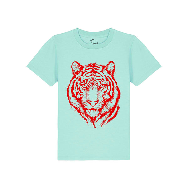 Fauna Kids T-Shirt | Red Tiger on Aqua Blue