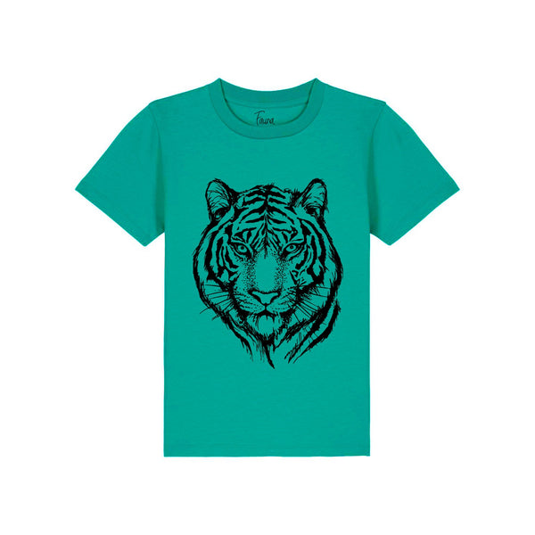 kids t-shirt in green with black tiger print by fauna.ie