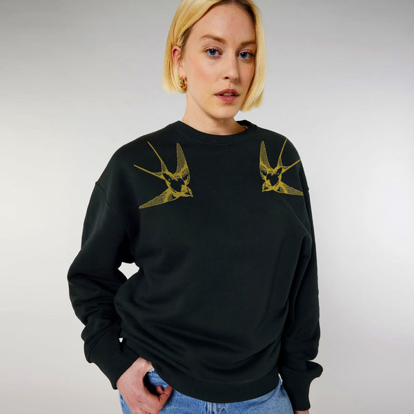 Oversized Graphic Sweatshirt | Gold swallows on black - Fauna.ie