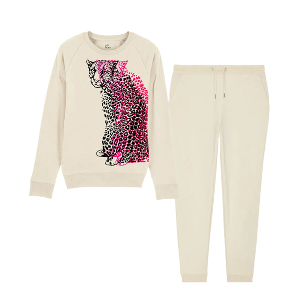 A unisex co-ord set with neon pink and black leopard print consisting of a crew neck sweatshirt and brushed joggers.