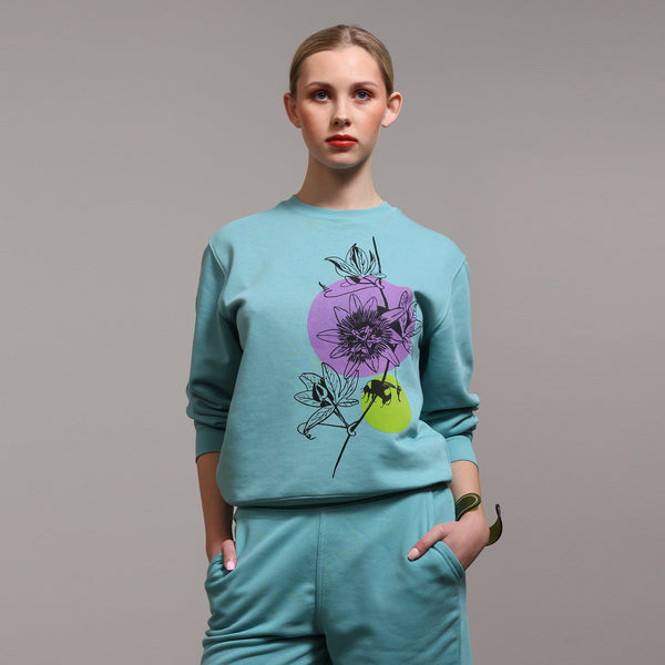 Women's Graphic Sweatshirt | Passion Flower on Teal - fauna.ie