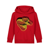 A red unisex hoodie with a front pocket and a printed snake graphic in the centre by fauna.ie
