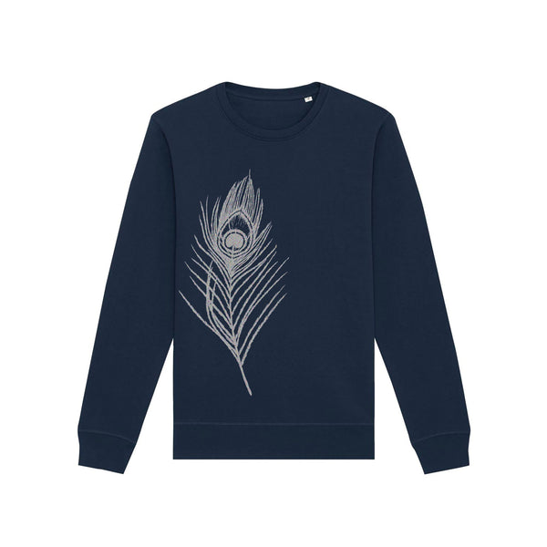 Organic Cotton Graphic Sweatshirt | Silver peacock feather on Navy