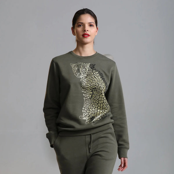 Organic Cotton Unisex Sweatshirt | Gold & black leopard on Khaki - fauna.ie