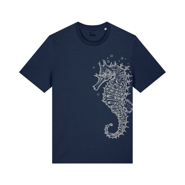 Organic Cotton Unisex T-shirt | Silver seahorse on navy