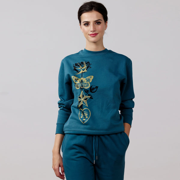 Graphic Sweatshirt | Gold & Black Tattoo Motif on Stargazer Blue fauna.ie