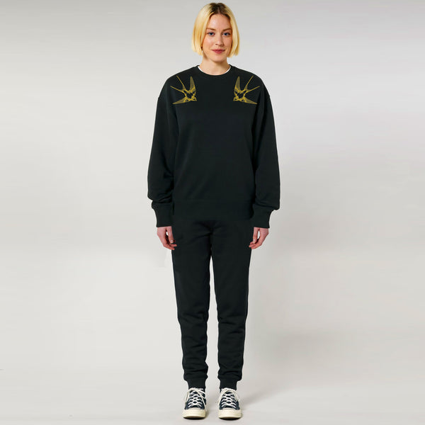 Organic Cotton Unisex Tracksuit | Gold swallows on black - fauna.ie