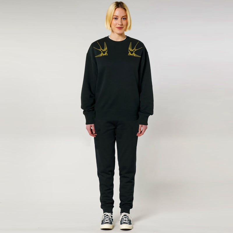 Organic Cotton Unisex Tracksuit | Gold swallows on black - fauna.ie