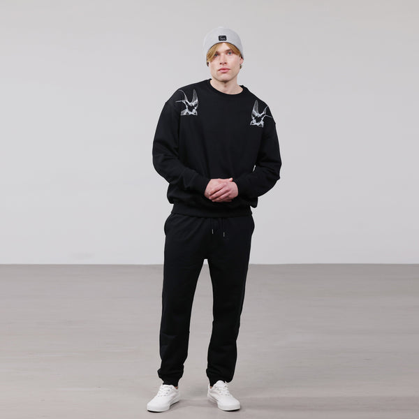 Organic Cotton Unisex Tracksuit | Silver swallows on black - fauna.ie