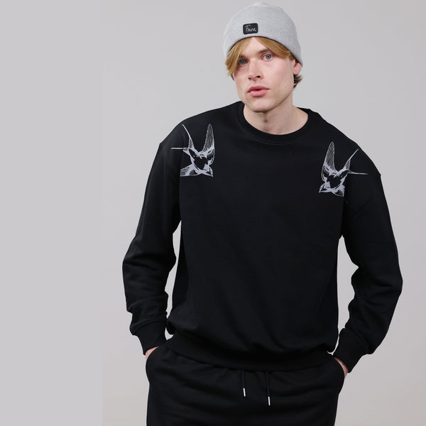 Organic Cotton Unisex Tracksuit | Silver swallows on black - fauna.ie