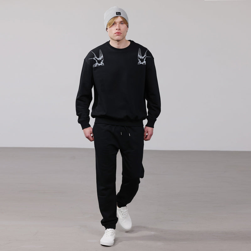 Organic Cotton Unisex Tracksuit | Silver swallows on black - fauna.ie