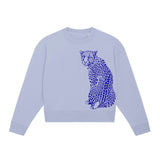 A purple cropped women's sweatshirt with leopard print on the front by fauna.ie