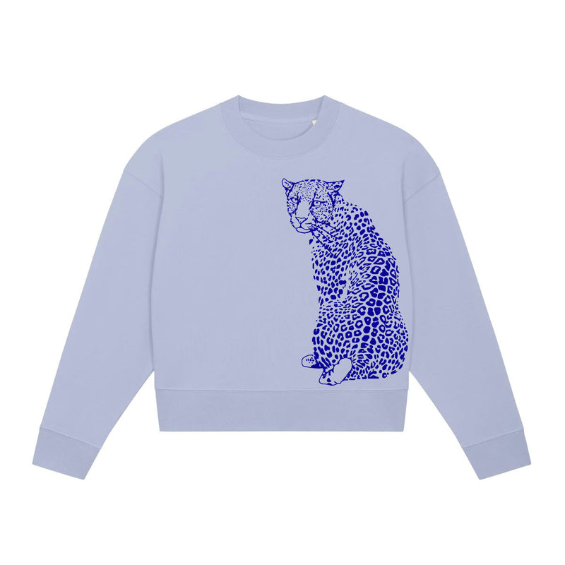 A purple cropped women's sweatshirt with leopard print on the front by fauna.ie