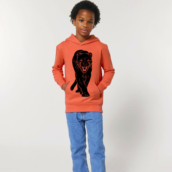 Organic Cotton Kids Hoodie | Panther on Salsa Orange - Fauna Kids