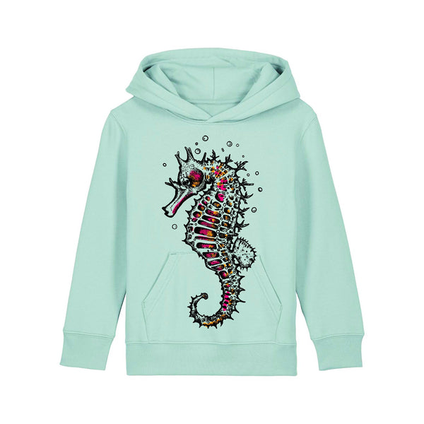 Organic Cotton Kids Hoodie | Seahorse on Caribbean Blue - Fauna Kids