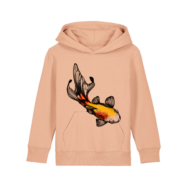 Peach kids hoodie, organic cotton with a koi fish design by fauna.ie